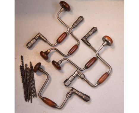 Five vintage bit and brace with tool bits.