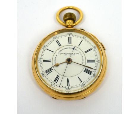 An 18ct yellow gold cased open face pocket chronometer by Fattorini & Sons, Bradford, enamel dial set with Roman and Arabic n