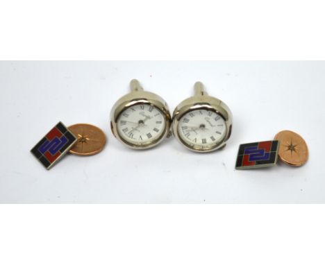 A pair of 9ct yellow gold and enamel cufflinks, approx 6.4g and a pair of dress cufflinks modelled as Carvel watches (2).