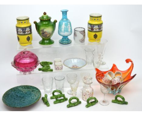 A quantity of glassware and ceramics to include a Mary Gregory style vase, a cranberry glass dish and cover and ceramics to i