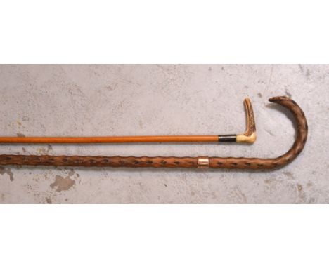 A knotted wood crook-handled walking stick with 9ct rose gold collar and a crop with white metal collar and bone handle (2).