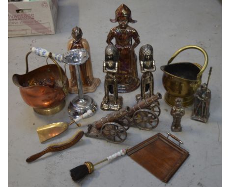 Two vintage fireside companion sets, one in the form of a Dutch woman and the other a knight, two smaller examples, two ornam