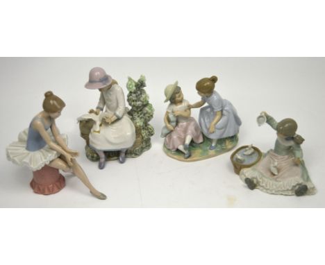 A Nao figure group, a seated young girl playing with ducklings, a Nao figure group, a seated ballerina, a Nao figure group, t