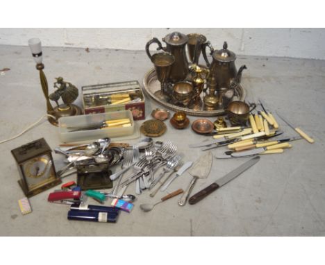 A quantity of silver plated items and flatware, a brass table lamp, a carriage clock etc.