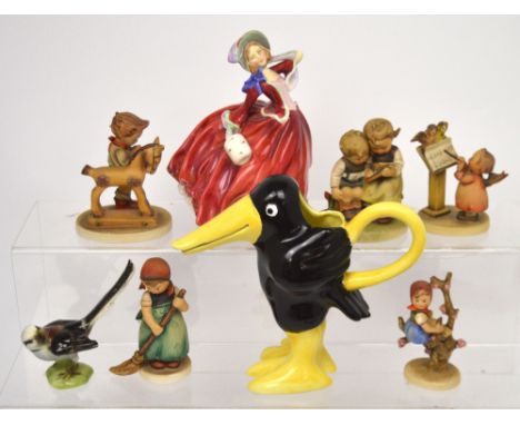 Five various Hummel/Goebel figures, a Goebel ceramic bird, a Royal Doulton figure, HN1834 'Autumn Breezes' and a jug modelled