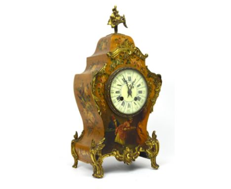 A 19th century French gilt metal mounted mantel clock with vignette of seated beau admiring serving girl's derrière, the dial