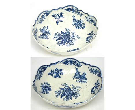 Worcester; a rare pair of c1780 salad bowls, shell relief moulding to interior with mulberry pattern and English fruits and v