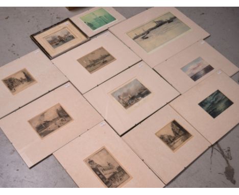 Nine various etchings, prints and engravings relating to Liverpool and two further seascape watercolours (11).