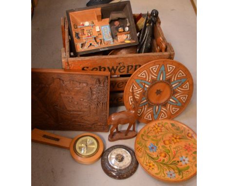 A collectors' lot comprising two wall barometers, a quantity of tribal carvings, treen ware to include boxes, vintage fans et