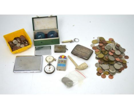 A collectors' lot comprising hallmarked cigarette case, Continental silver pocket watch (af), coinage, a pipe, a cased pair o