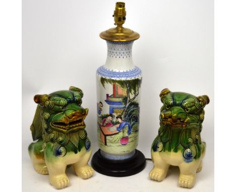 A pair of 20th century decorative dogs of Fo, height 26cm and a modern Oriental ceramic lamp on wooden base decorated with fi