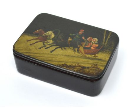 A 19th century Russian papier-mâché snuff box, signed and bearing various stamps to red lacquer interior, width 9cm.