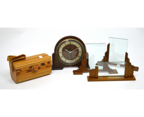 Three vintage Art Deco style photograph frames, a wooden electric mantel clock and a vintage bamboo handbag.