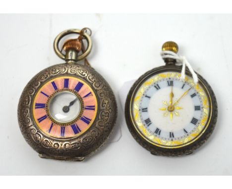 A ladies' Continental 935 silver cased half hunter pocket watch, guilloché enamel case, circular enamel dial set with Roman n