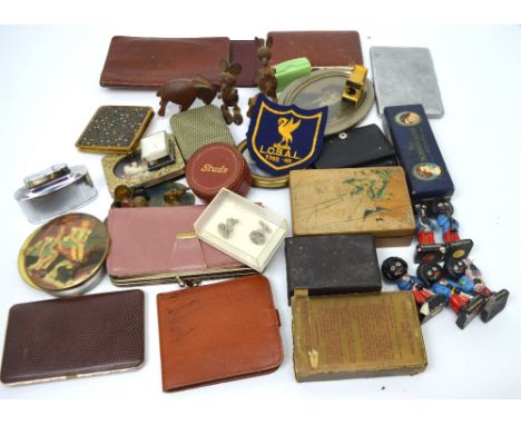 A collectors' lot comprising five 'Golly' figures, a boxed Hohner band harmonica, cufflinks, purses, wooden items, two lighte