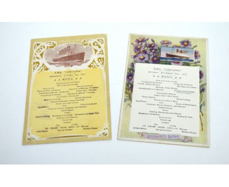 Two original RMS Lusitania stand-up menus; Dinner 28th September 1912 and 2nd October 1912, these were handed down to the ven
