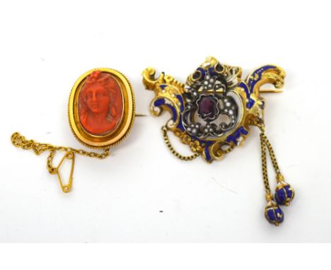 A yellow metal and enamel brooch set with central pink stone within a white metal border set with pearls and a yellow metal b