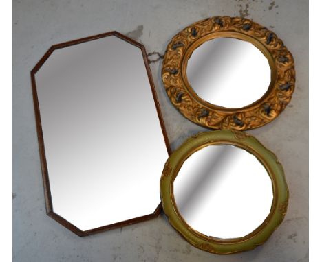 Two circular decorative mirrors, one convex example, diameter of largest 45cm and a vintage rectangular mahogany-framed mirro