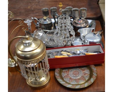 A quantity of silver plated items, further metalware to include Picquot, a gilt metal table lamp etc.