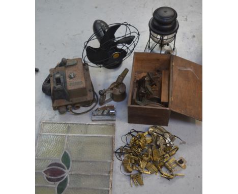 A collectors' lot comprising vintage telephone, stained glass windows, vintage desk fan, tools etc.