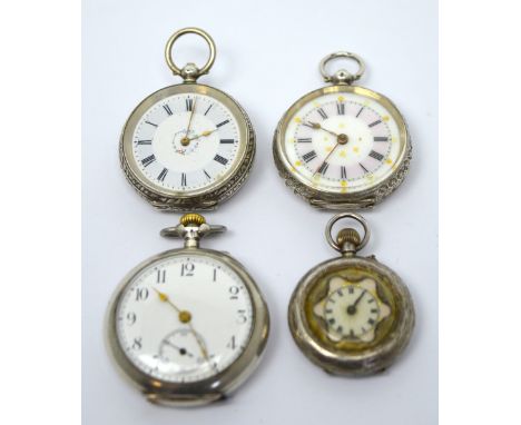 Four Continental silver ladies' fob watches of varying size; three having painted enamel dials set with Roman numerals, the f