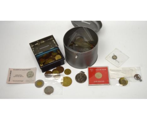 A small quantity of coins to include three penny pieces, copper coins, florins etc, some in a small vintage money box.