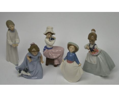 A Lladró figure, a girl with outstretched hands (af) and four similar Nao figures of young girls in various poses (5).