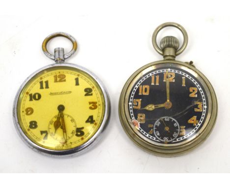 Jaeger LeCoultre; a base metal military pocket watch, dial set with Arabic numerals and subsidiary seconds hand, with broad a