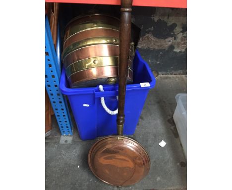 A box of metalware and other items to include brass jugs, coal scuttle, warming pan, barometer, vases, kettle, bellows, brass