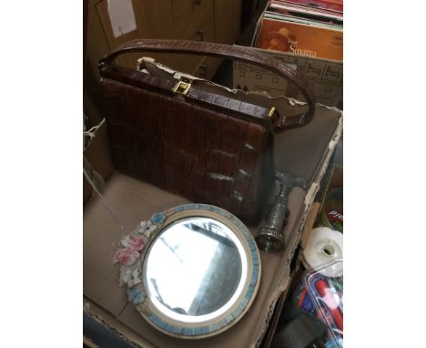 A mixed lot comprising a "Kristine" vintage handbag, a silver plated corkscrew and a barbola mirror.  