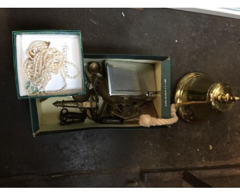 A box of collectables to include brass inkwell, compact lighter, vesta case, Victorian teething ring, related items, etc. and