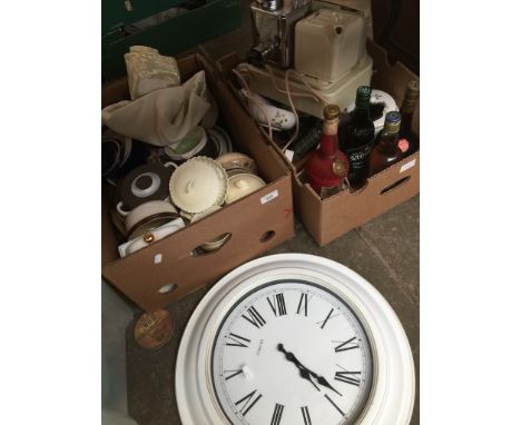 Two boxes of misc. includuing a large clock, a Teasmade, Four bottles of spirits, etc  