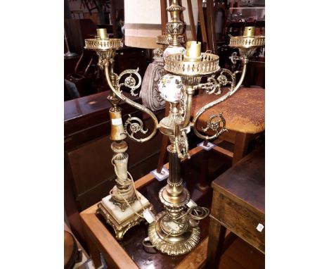 A brass candelabra style table lamp (height 85cm) and another brass and onyx table lamp (height 70cm).  