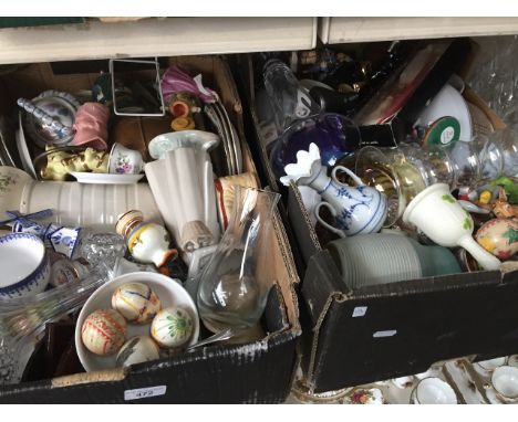 2 boxes of mixed glass, ceramics etc including decanter, copper jug and Hummel  