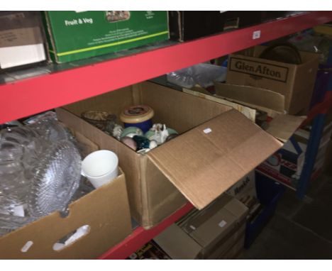 A shelf full of various items including glassware, tools, 2 boxes of brass/copper items