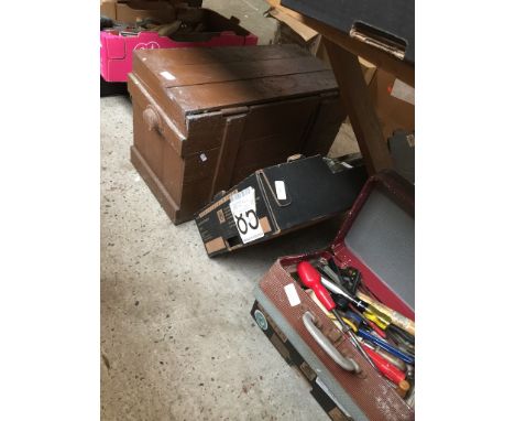 Four boxes, a wire basket and a wooden box with assorted tools, glass jars with srews nails etc, garden tools etc  