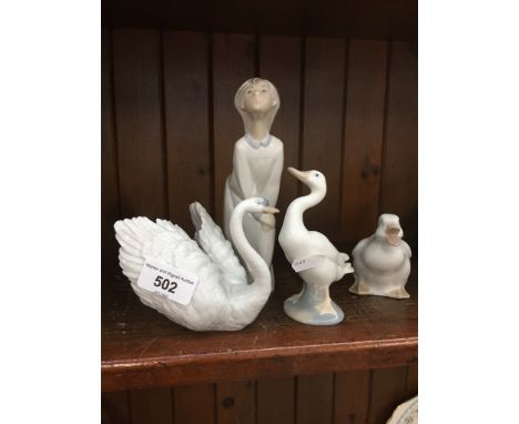 Small Lladro figure, Lladro swan, Lladro goose and Nao goose  Good condition