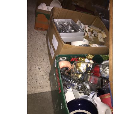 4 boxes of assorted item inc pottery, glassware, glass vases, boxed wedding anniversary glasses, cosmetics and planters.  