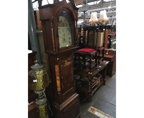A George III oak cased grandfather clock with painted enamel dial depicting a lady with dog, height 212cm, width 52cm and dep