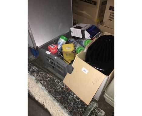 A box of various electrical tools &amp; meters, a pond liner, a boxed gas tool and a small rug  