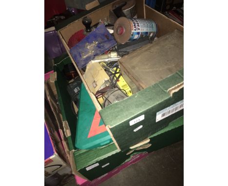 3 boxes of garage items and tools  