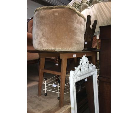 A retro coffee table, retro magazine rack, oak and leather stool, pouffe and lamp shade.  