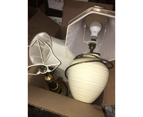 A box containing 2 lamps with their lamp shade.  