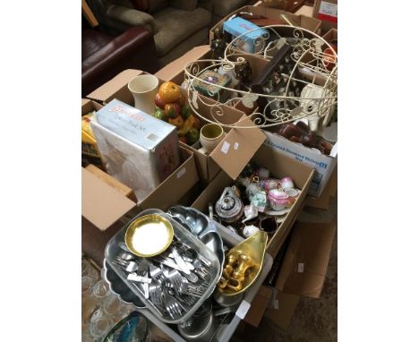 Eight boxes of mixed  glass and pottery, ornaments, Stainless Steel ware, Brass bell weights, cutlery, a heart sharped wrough