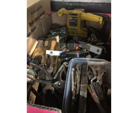 A box of tools, locks and two brass door plates.  