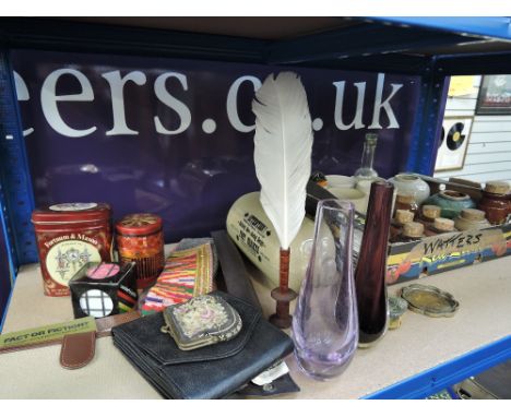 A selection including Caithness glass bud vases, studio pottery and salt glazed pots, stoneware bed warmer etc