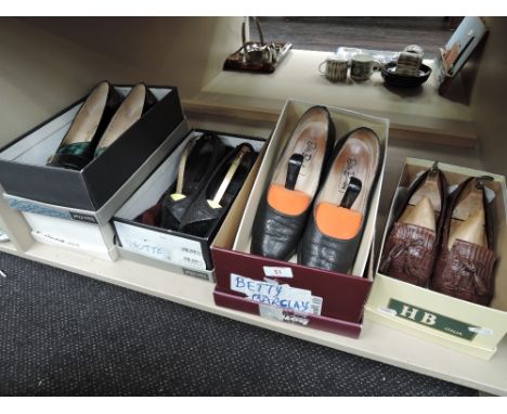 Six pairs of ladies vintage shoes including Dorndorf, Betty Barclay, Salvatore Ferragamo and Russell & Bromley with wooden sh