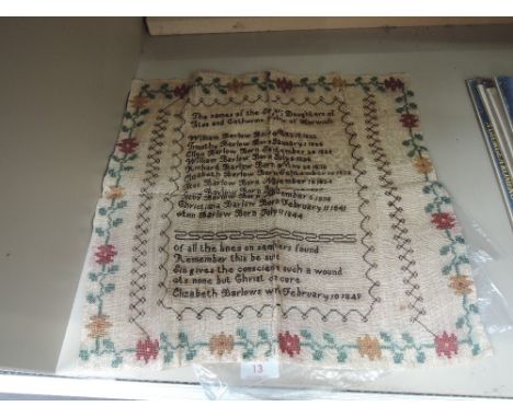 An antique tapestry needle work sampler dated 1849
