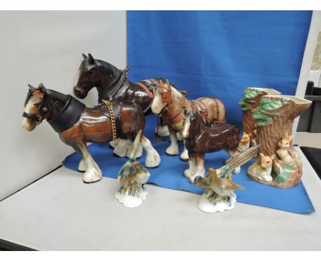 Four ceramic studies, Shire horses, Two Bavarian studies, Pheasants and Two Hornsea Fauna vases