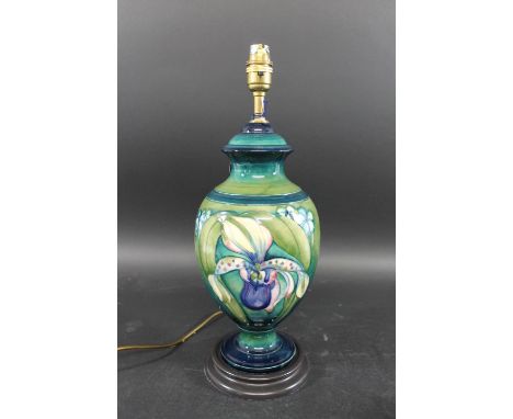MOORCROFT LAMP - ORCHID an early Moorcroft lamp in the Orchid design, rewired by Moorcroft and with a metal light fitting and